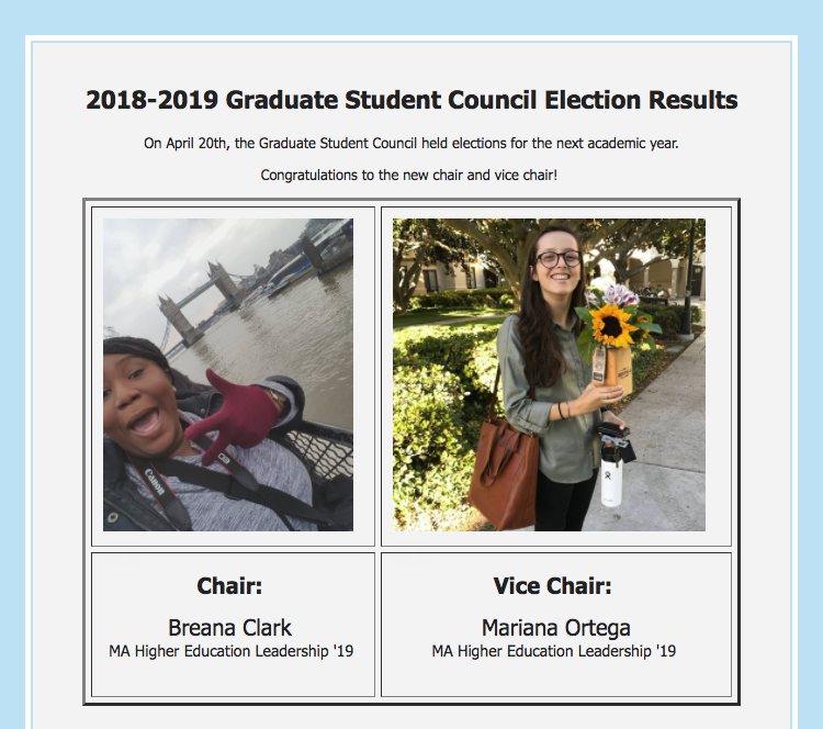 new Chair, Breana Clark, MA Higher Ed Leadership, and new Vice Chair, Mariana Ortega, MA Higher Education Leadership