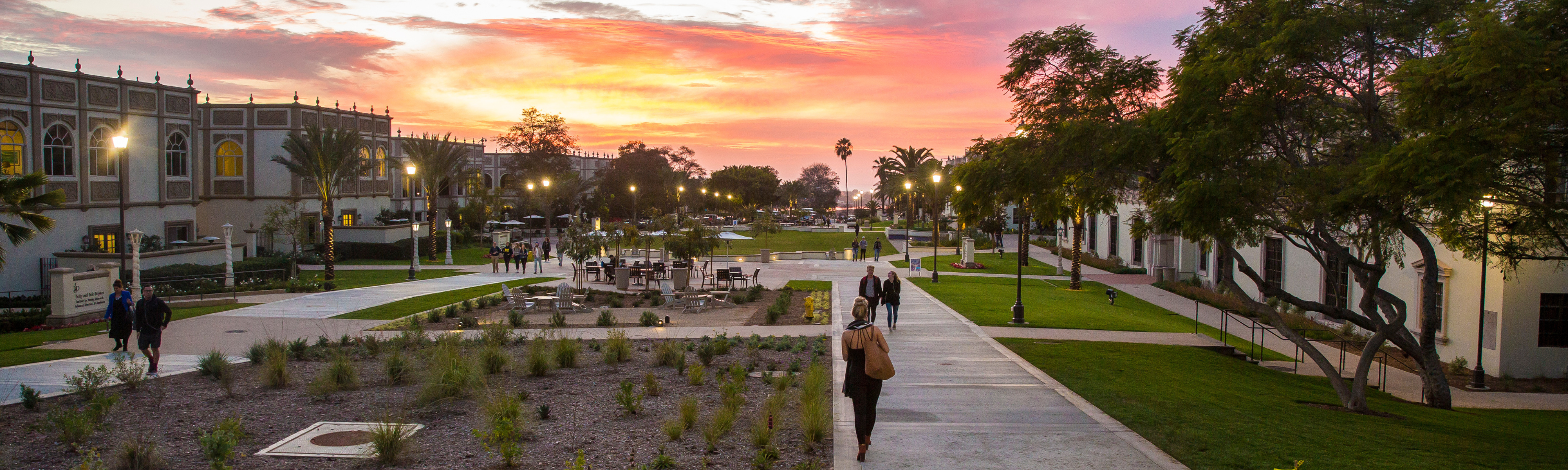 Ground photo of campus including the main Paseo lawn, facing west with colorful sunset