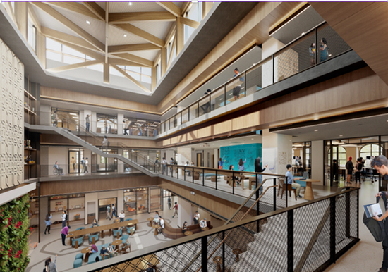 Digital rendering of indoor multi-story space with students