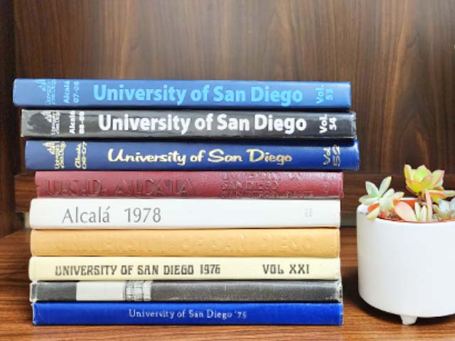 yearbooks on a table