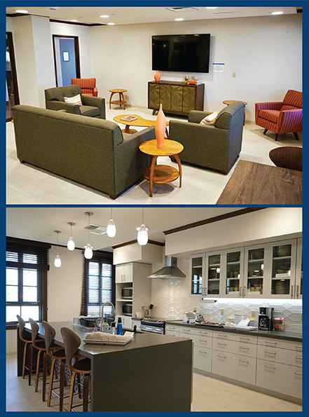 image of founders hall lounge area, including furniture and lighting