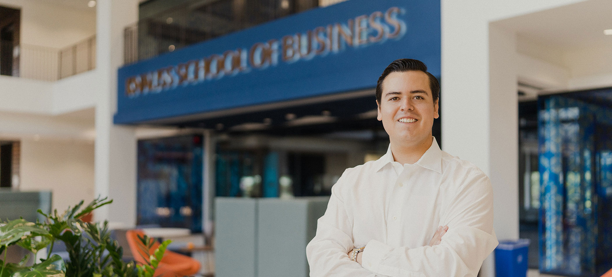 A student in the Knauss School of Business lobby