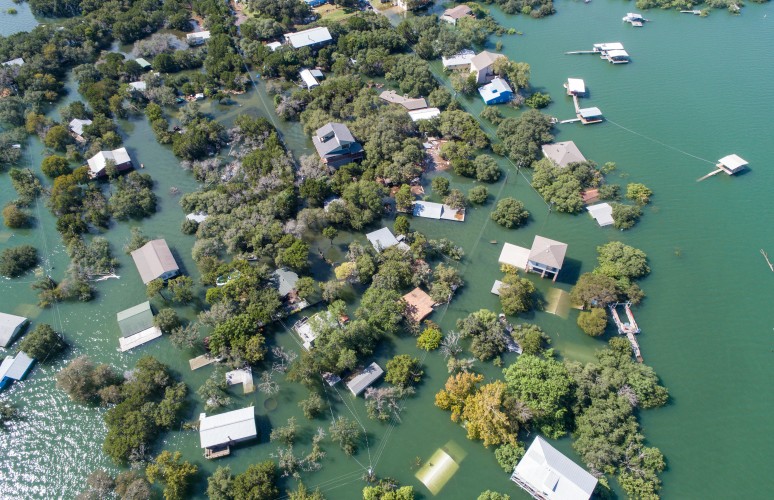 Aerial view of flooded neighborhood