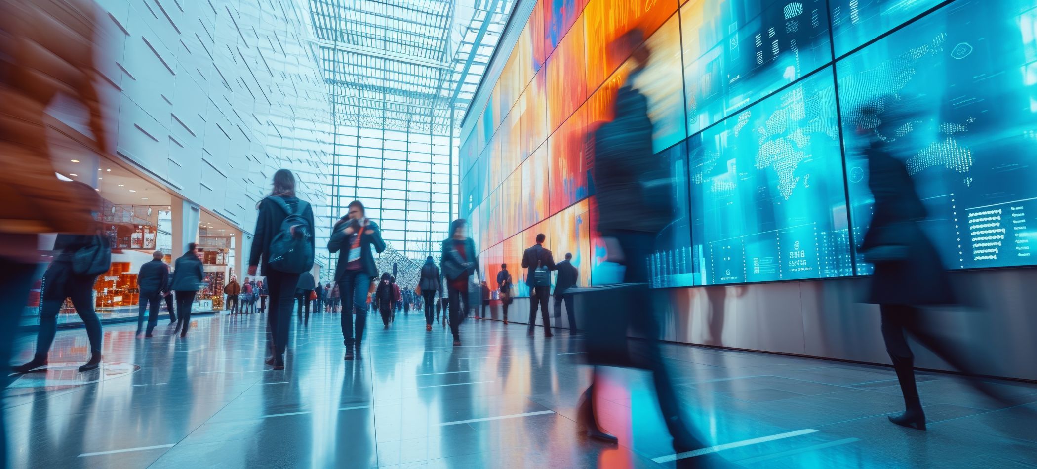 Blurry people moving through a building
