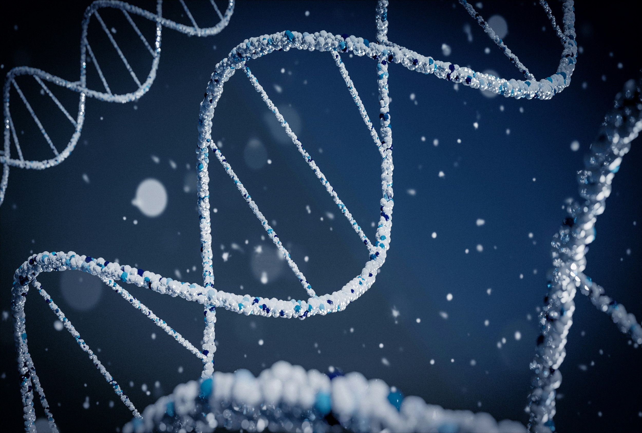 graphic of white double helix over a navy blue background