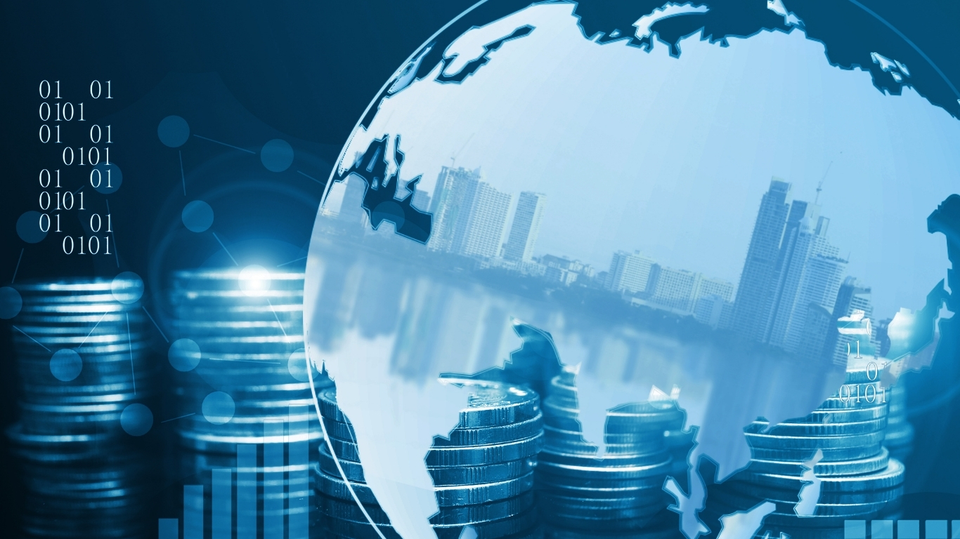 Blue graphic that shows a transparent globe viewing into a cityscape with stacks of coins next to it