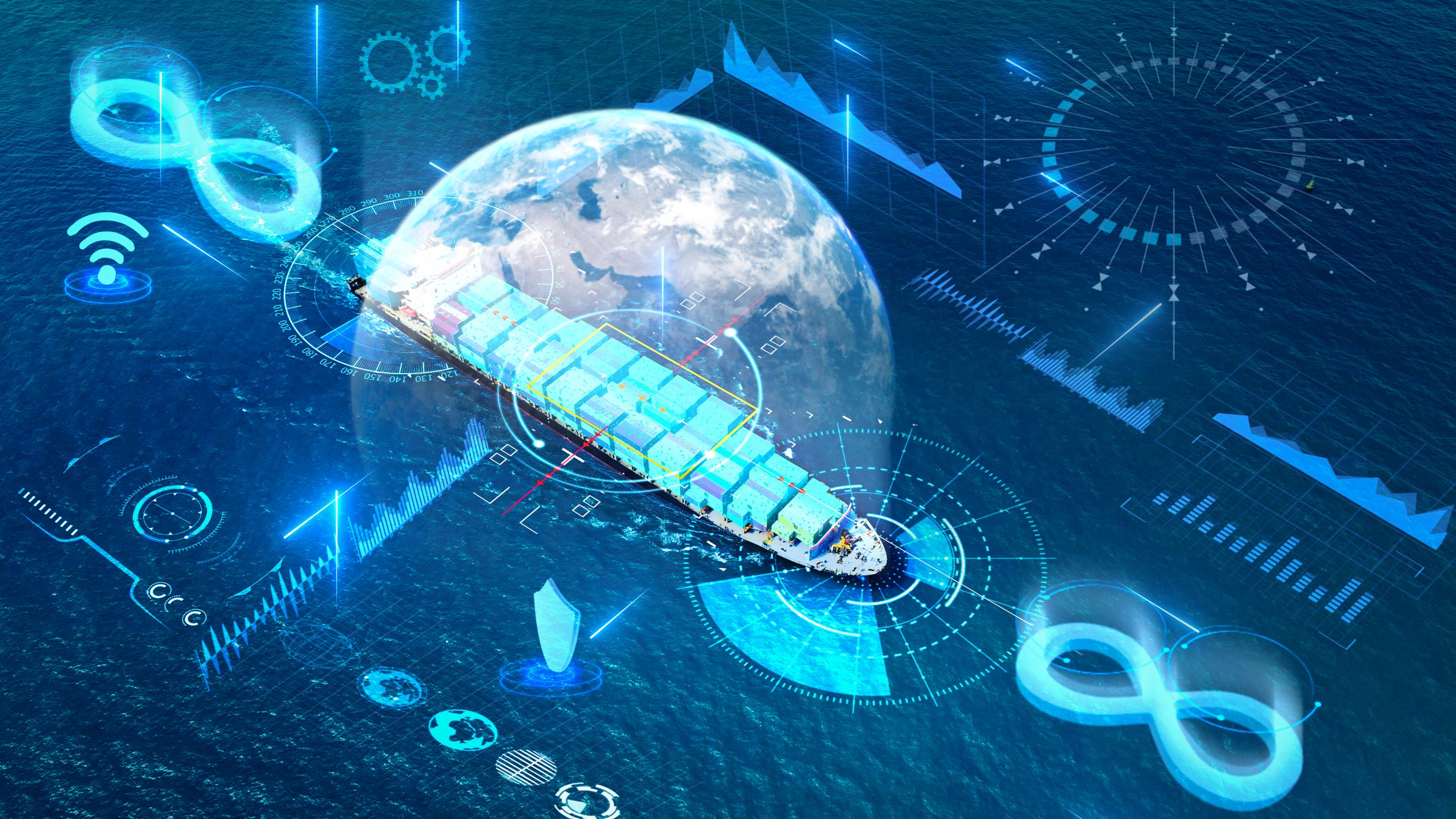 cargo container ship with circular economy logo