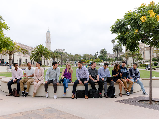 Students sitting outside on campus
