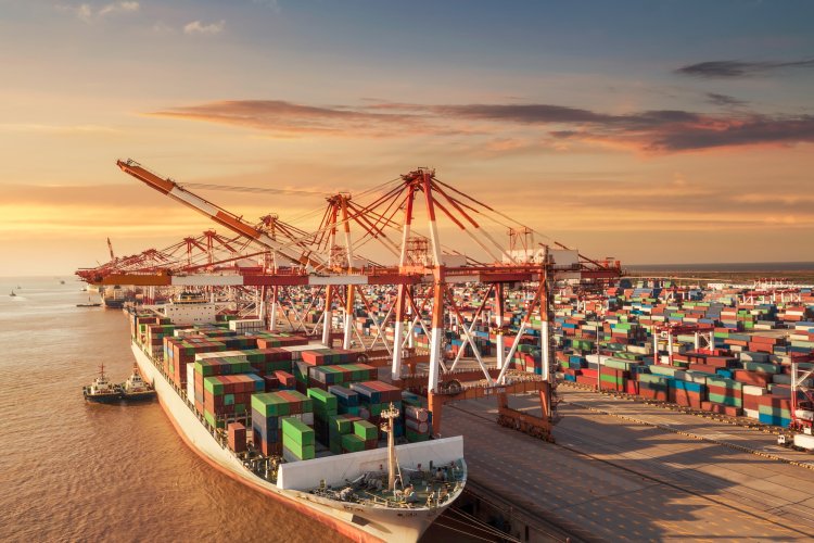 A container ship docks at a port.