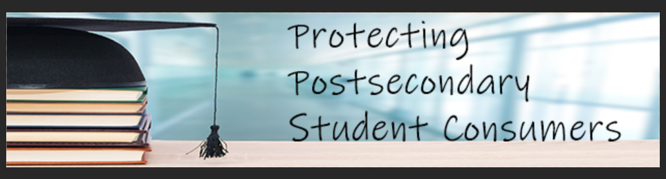 Stack of books topped with diploma, with the text: "Protecting Postsecondary Student Consumers"