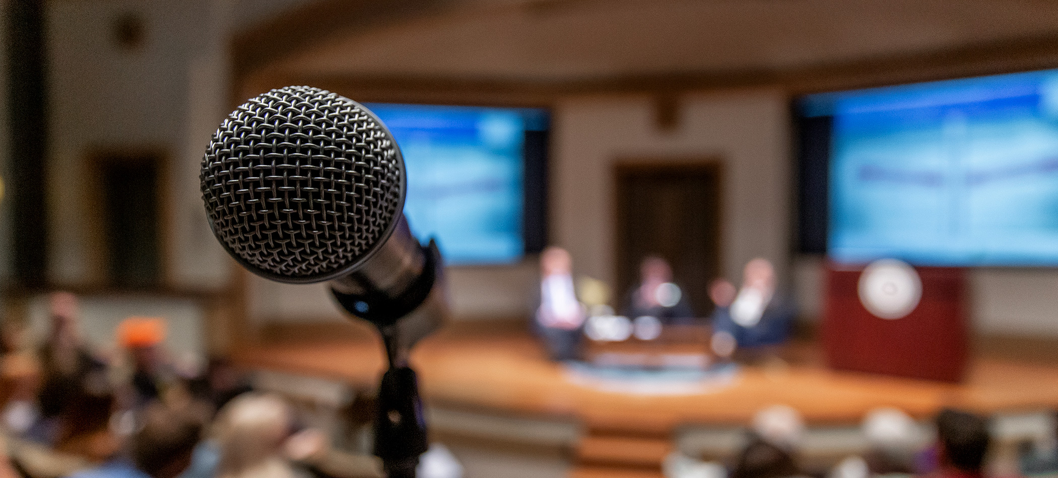 Open microphone in the Joan B. Kroc Institute for Peace and Justice