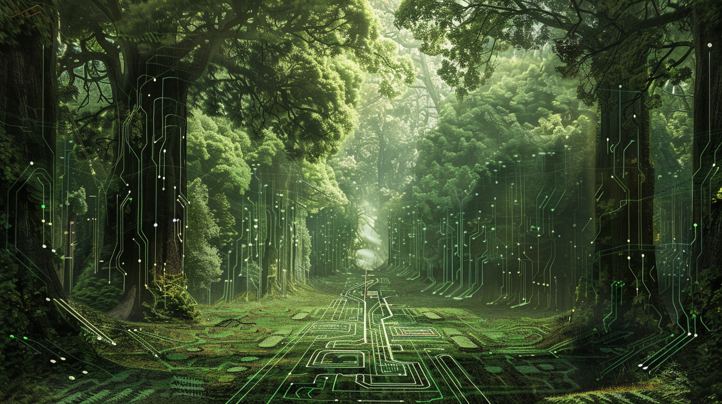 A forest of trees and circuits, there is a circuit path that leads into the background where there is light.