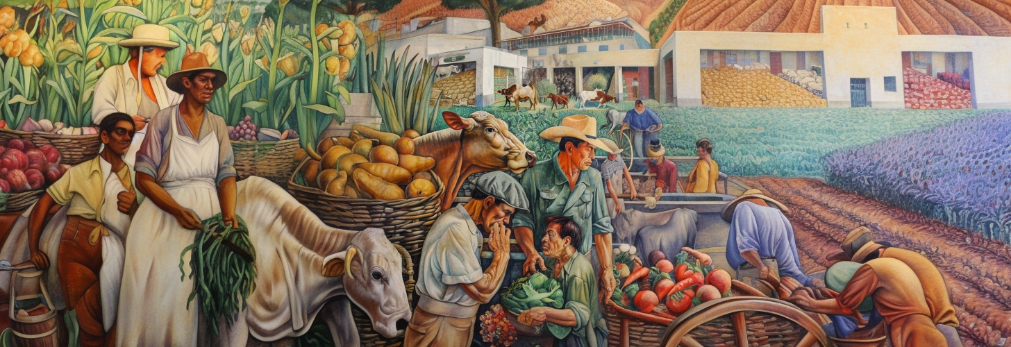 AI-generated mural in the Diego Rivera style: in the foreground there are farm laborers holding or carrying fruits and vegetables in wheelbarrows and sacks, there are fields in the background as well as storage sheds that contain crops
