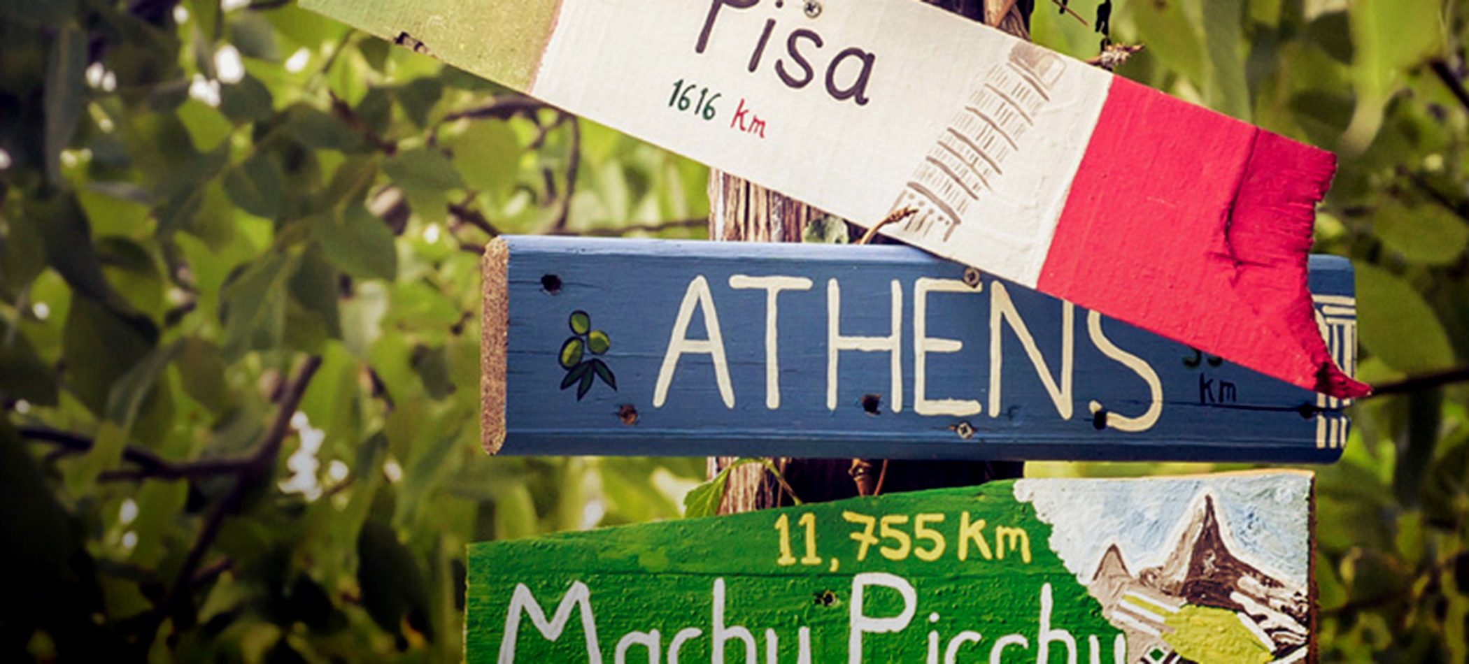 A sign showing distance to a few cities around the world