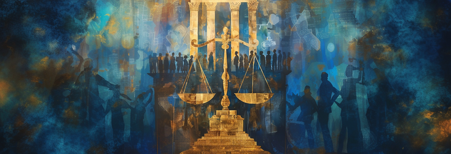 AI-generated image consisting of scales of justice at the center with columns and silhouettes of people in the background