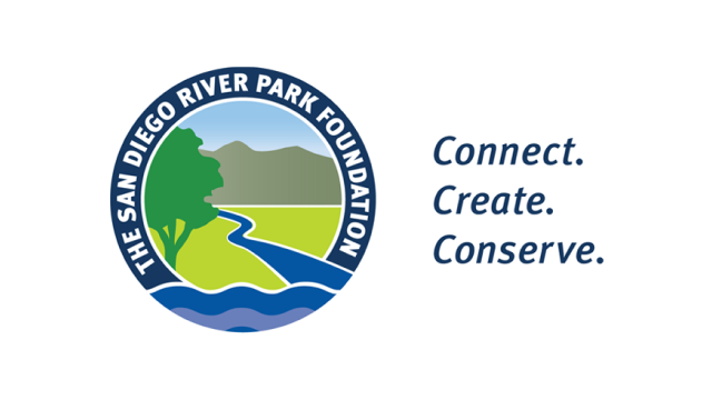 San Diego River Park Foundation logo. Includes text "Connect. Create. Conserve."