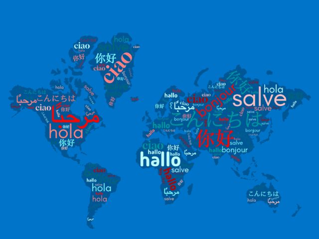 World map with the word hello in all the languages offered at USD.