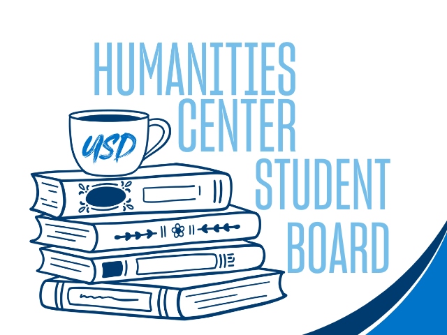 A coffee cup with USD on the side is sitting on top of a stack of books. Text reads Humanities Center Student Board.