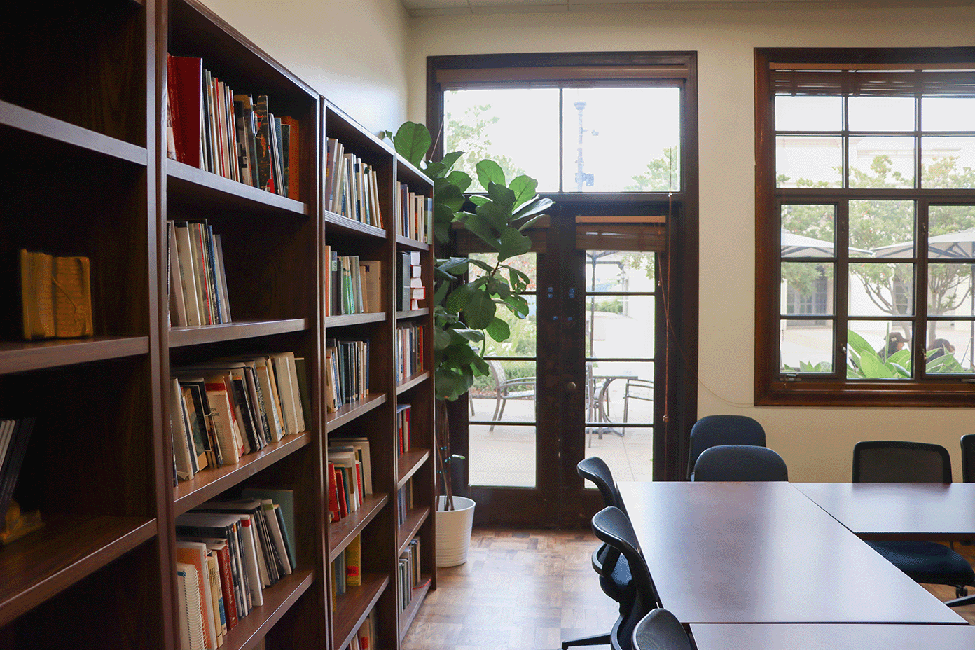The bookshelf in the Cropper Room.