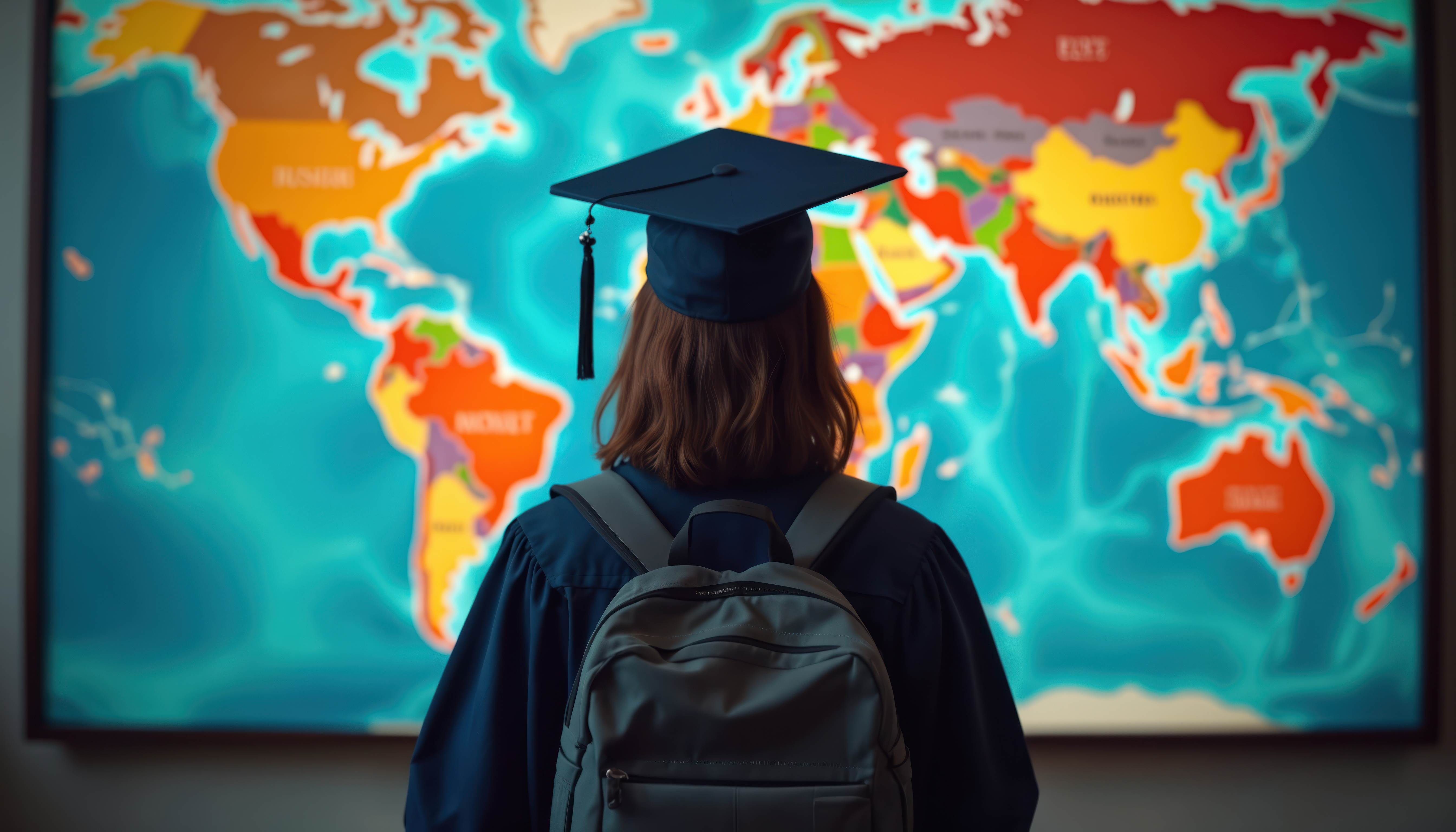 graduate standing in front of world map