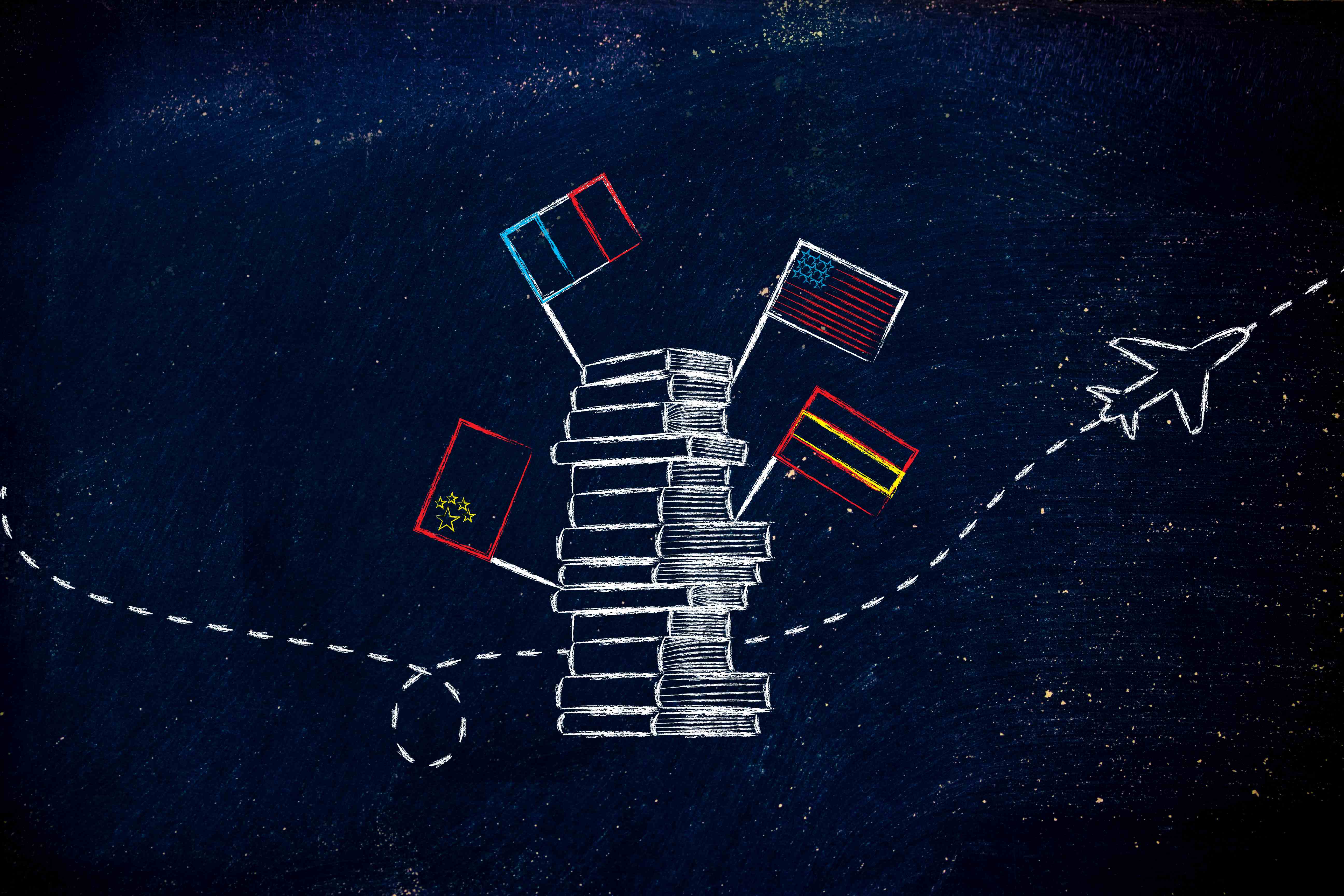 illustration of plane with books and flags