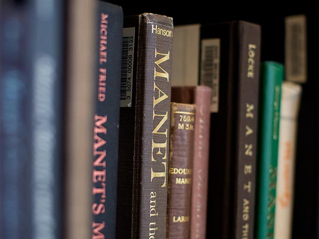 Close up shelf of books.