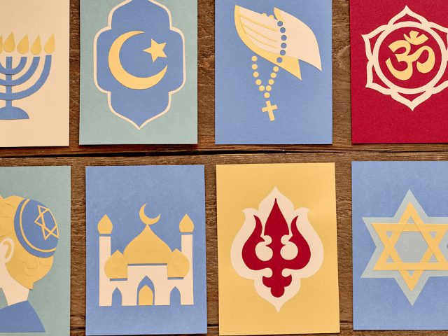 A group of different types of religious symbols such as a cross, menorah, mosque, etc.