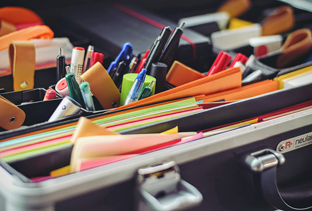 Bin of teaching supplies