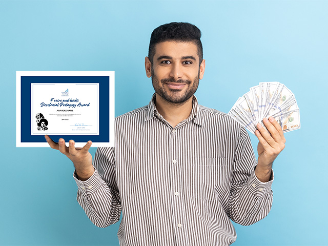 A person holding an award certificate in one hand and cash in another.