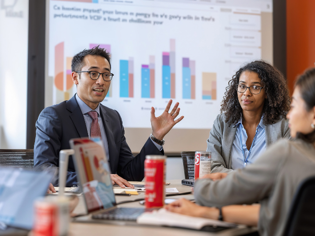People in a conversation with a presentation slide in the background.