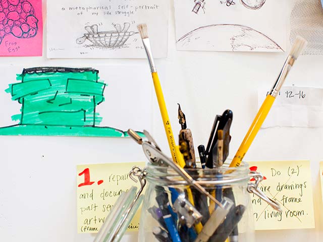 Art supplies on a desk