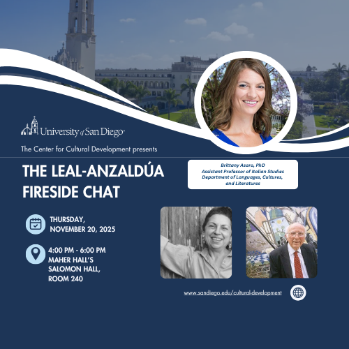 "Promotional flyer for the University of San Diego’s Leal-Anzaldúa Fireside Chat, hosted by the Center for Cultural Development. The design features a large photo of Brittany Asaro, PhD, Assistant Professor of Italian Studies in the Department of Languages, Cultures, and Literatures, smiling against an outdoor backdrop. Event details: Thursday, November 20, 2025, from 4:00 PM to 6:00 PM at Maher Hall’s Salomon Hall, Room 240. Below are smaller photos of two men smiling: one in a casual shirt and one in a suit and tie. Background includes the USD campus and blue wave-like design elements, along with the university’s logo and a link to sandiego.edu/cultural-development.