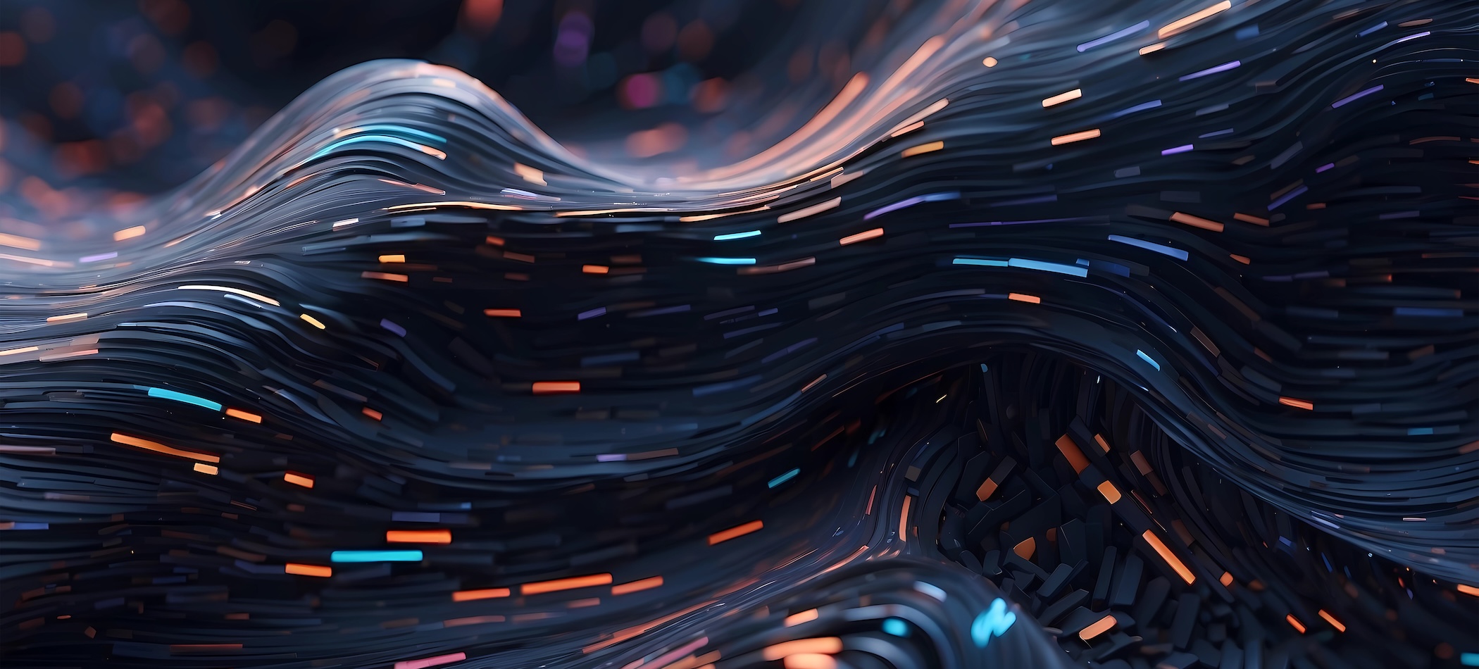 Ai-generated wave with black background and bits of lights