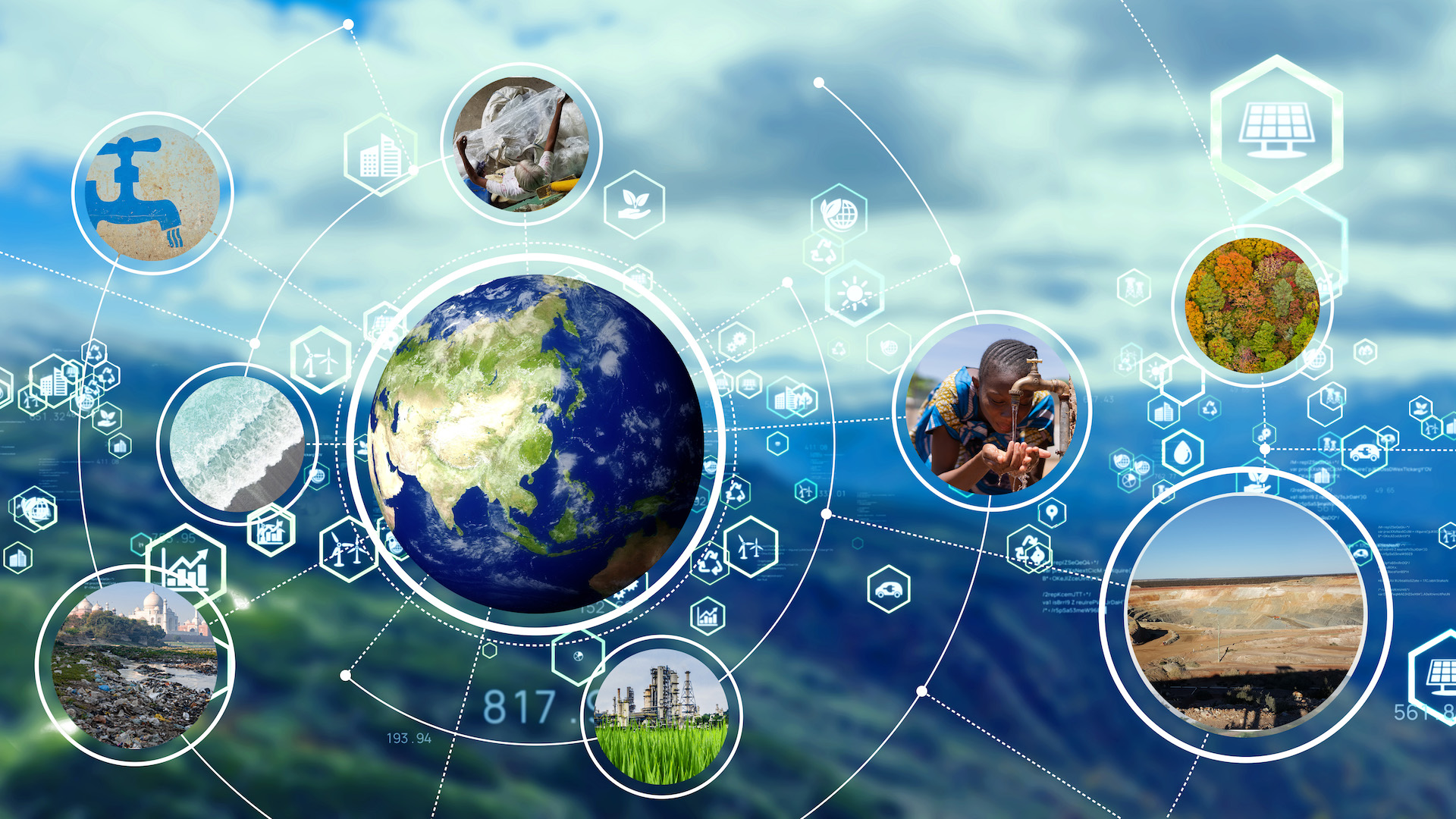 Globe overlaid mountainous background