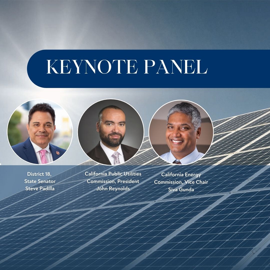 senator padilla, president reynolds, siva gunda with background solar panels