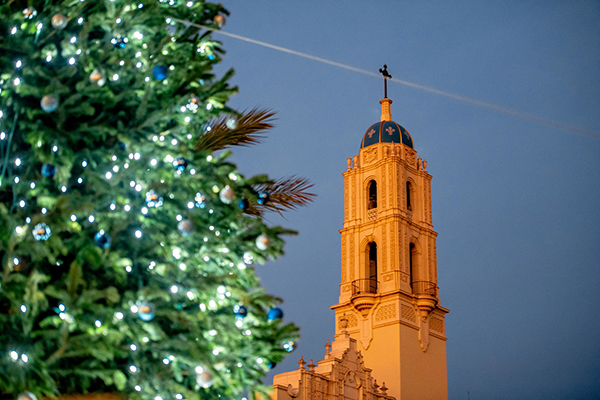 The USD belltower with a Christmas tree in partial view
