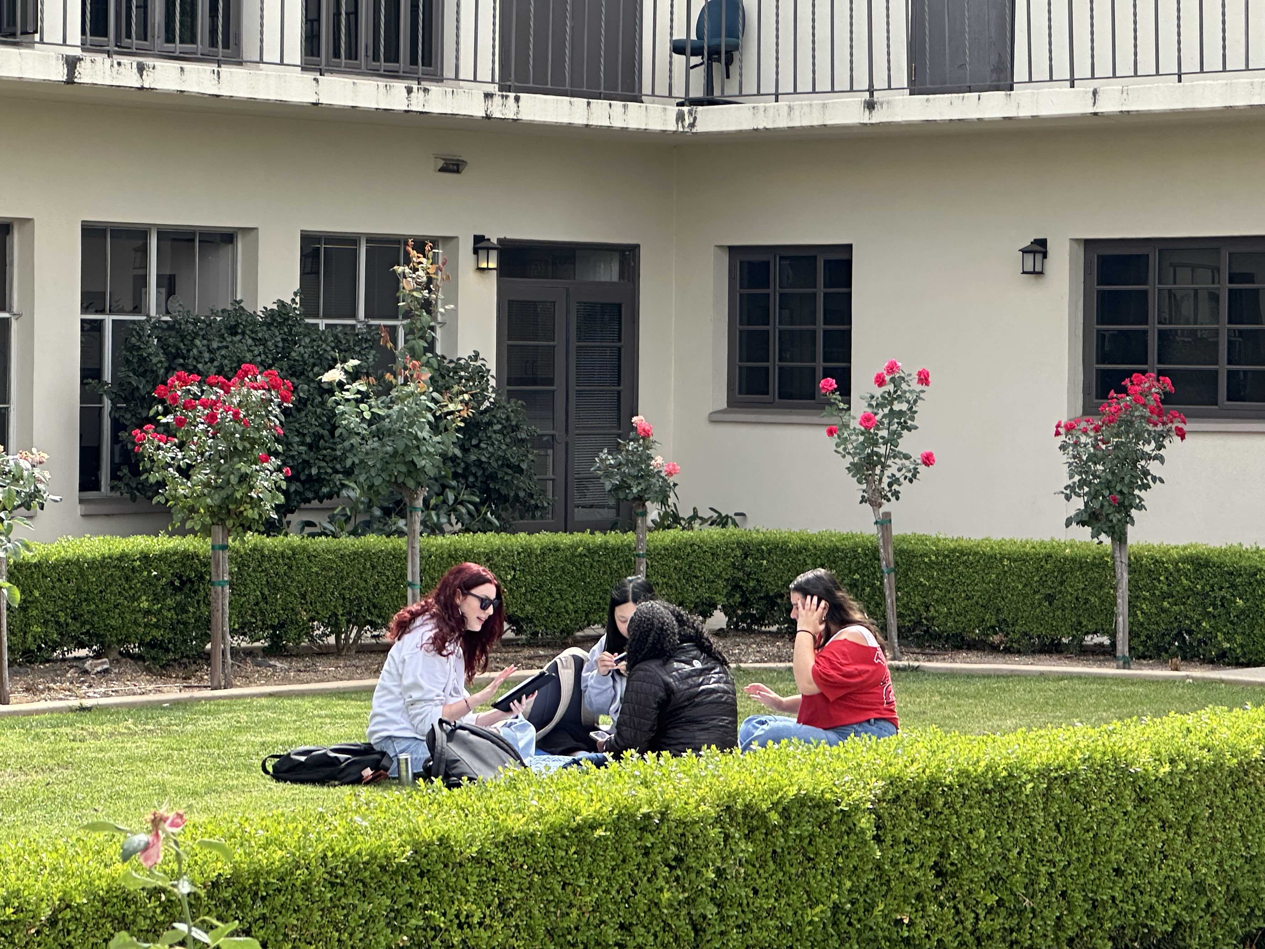 students discussing out on the exterior lawn