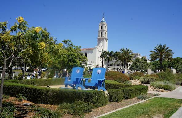 On Campus photo of big blue chairs