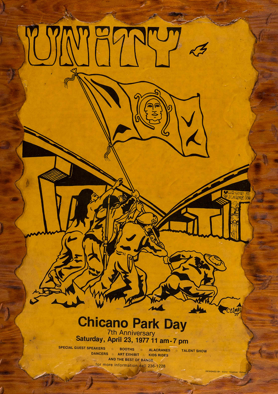 Chicano Park Day Poster from 1977--members of the community raise a flag in the park.