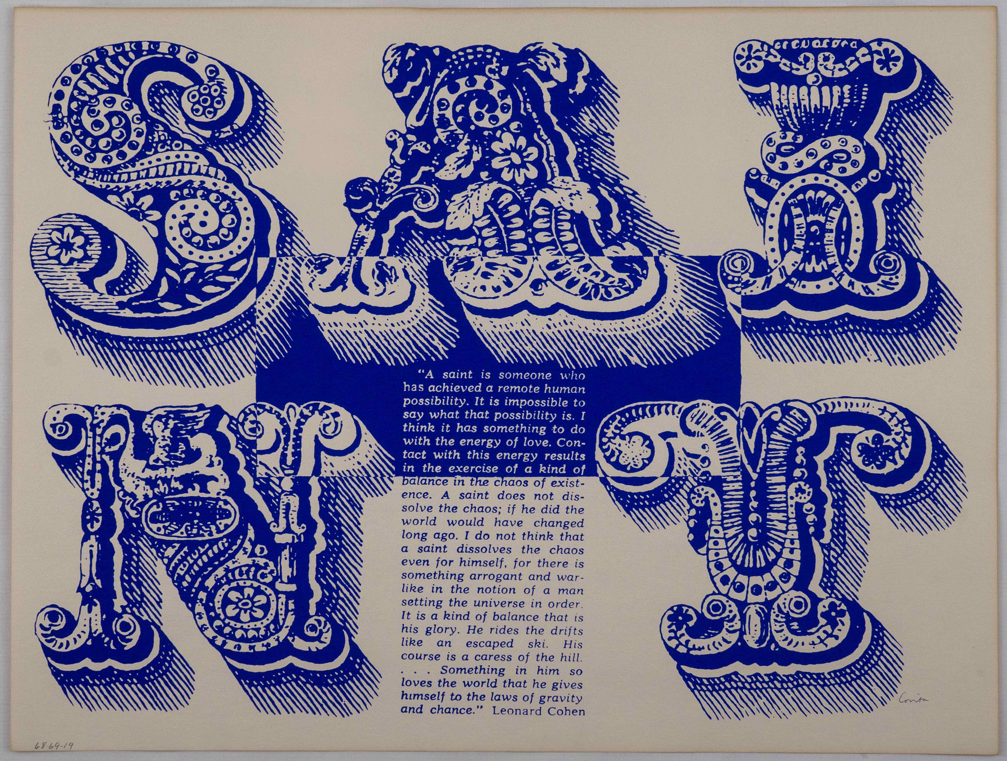 Large blue letters on paper spelling S A I N T