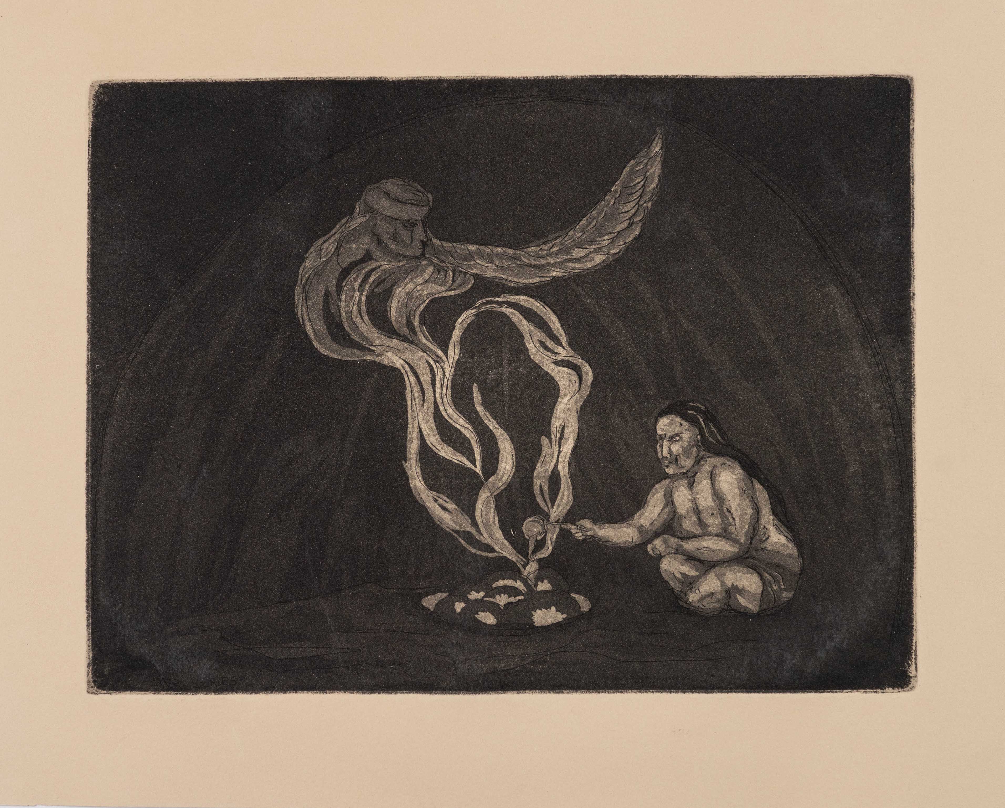 Black-and-white etching of the interior of a sweat lodge