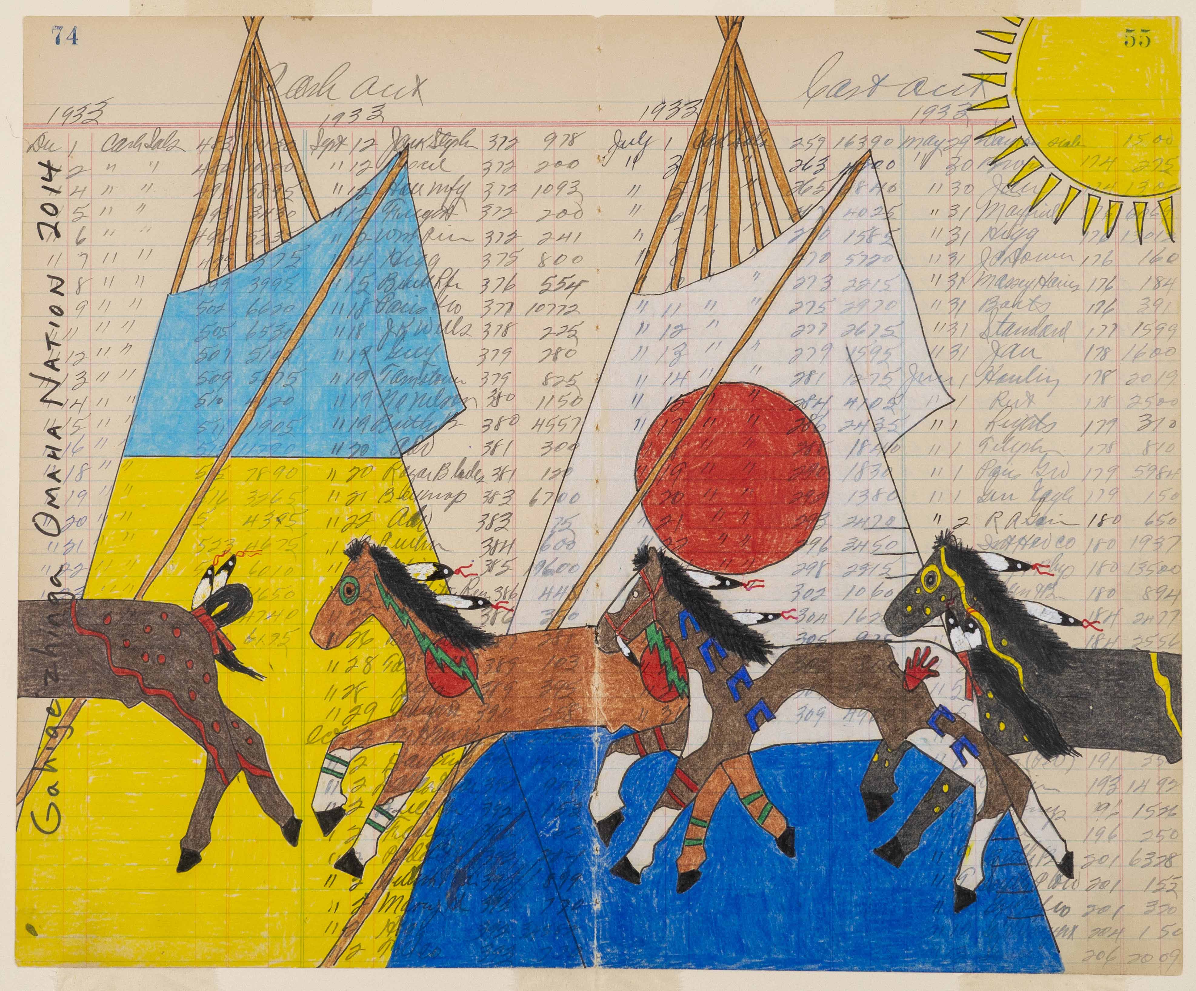 Horses run in front of colorful tipis, design is drawn on an old ledger