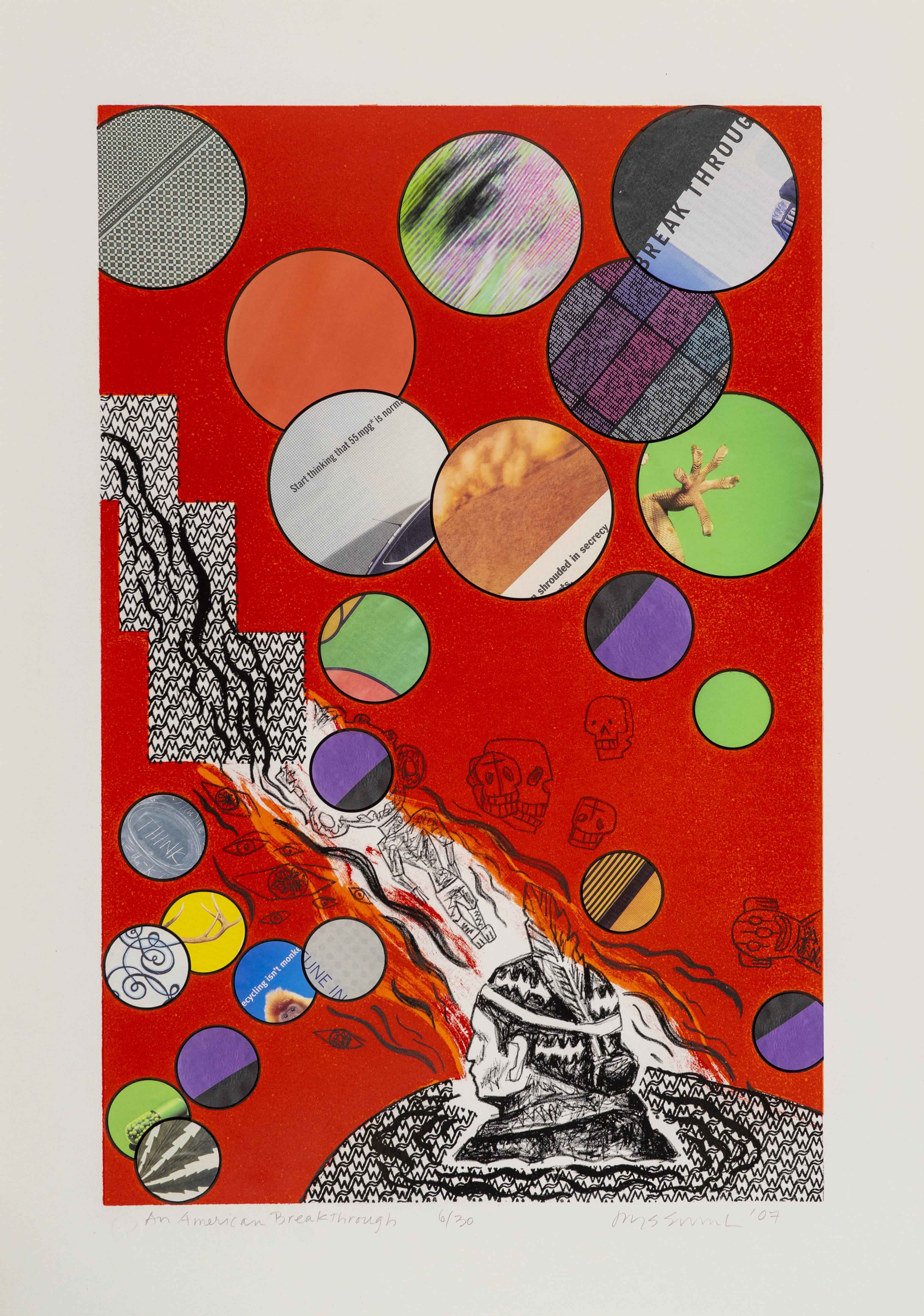 Collage of hand drawn designs, photographs, and newspaper clippings