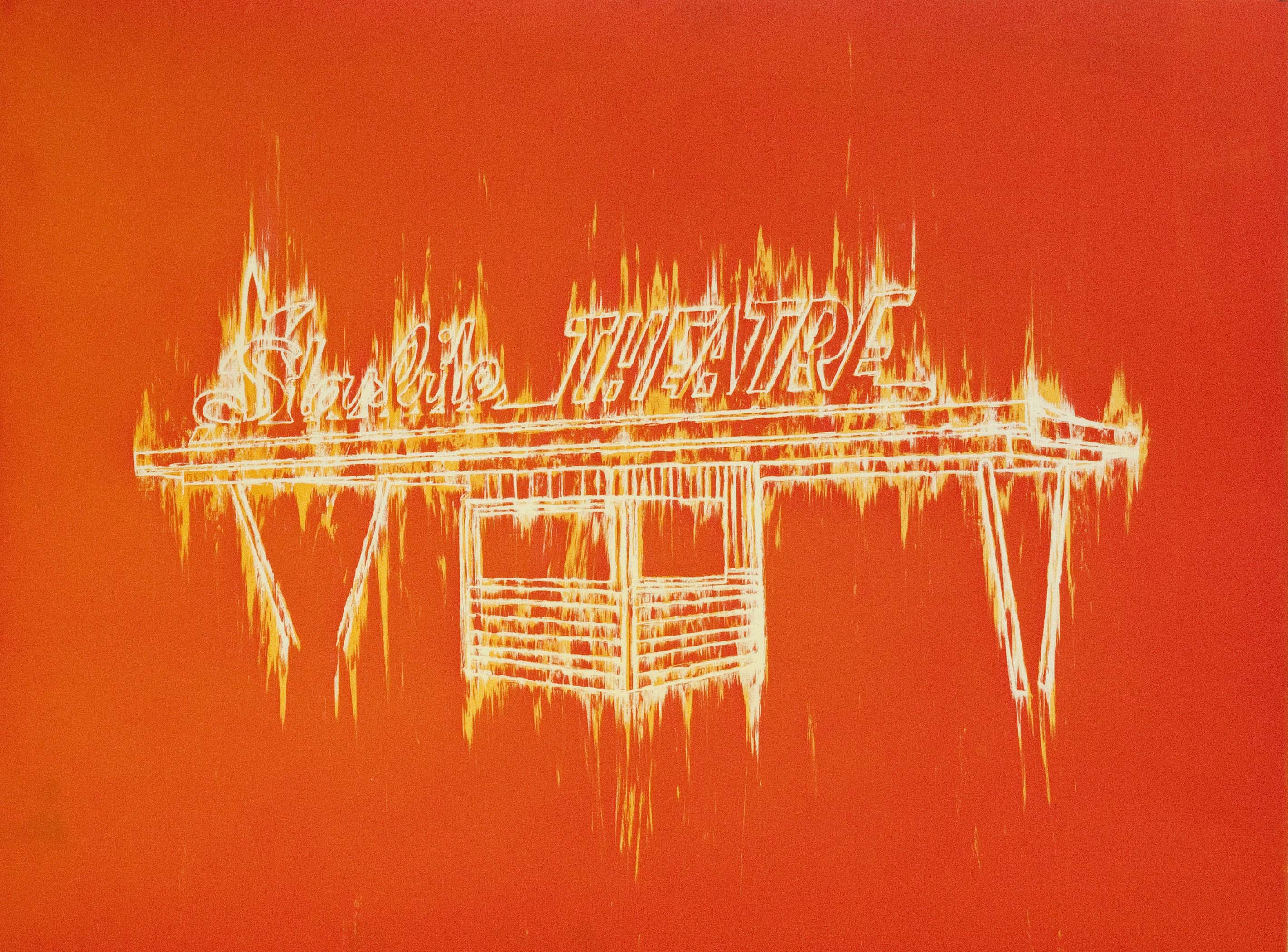 Drawing of the facade of a drive in theater on a bright red background