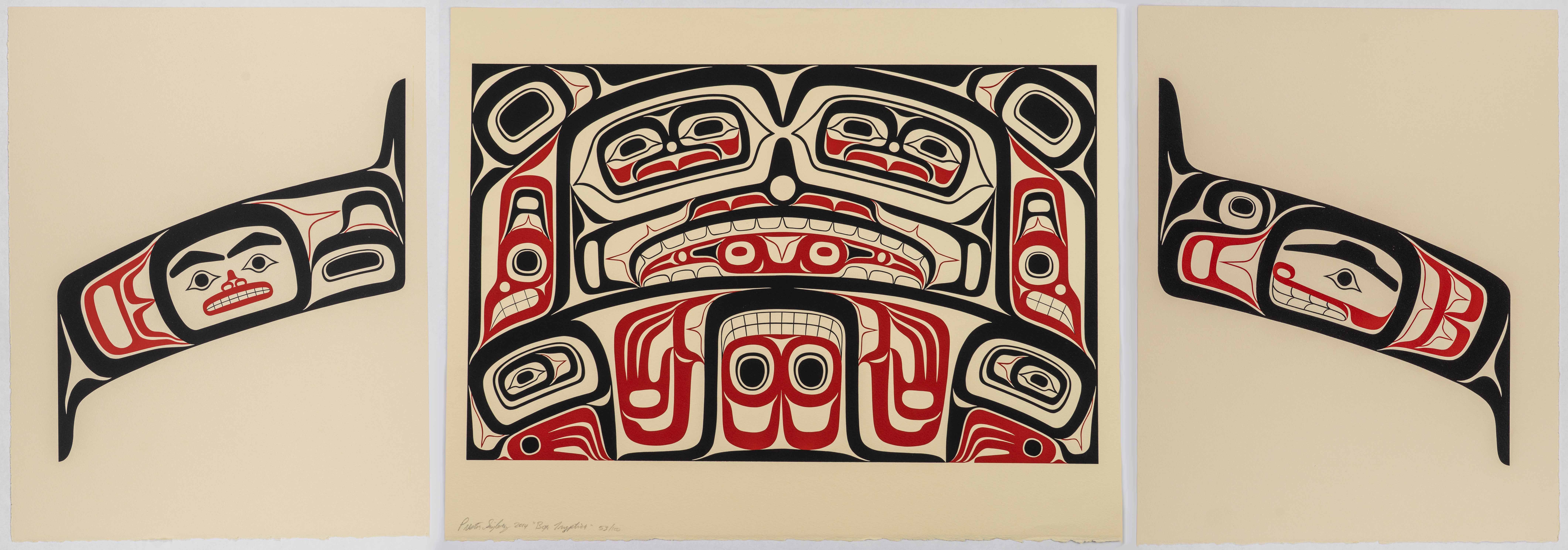 Three-part triptych of a Pacific Northwest raven-spirit design.
