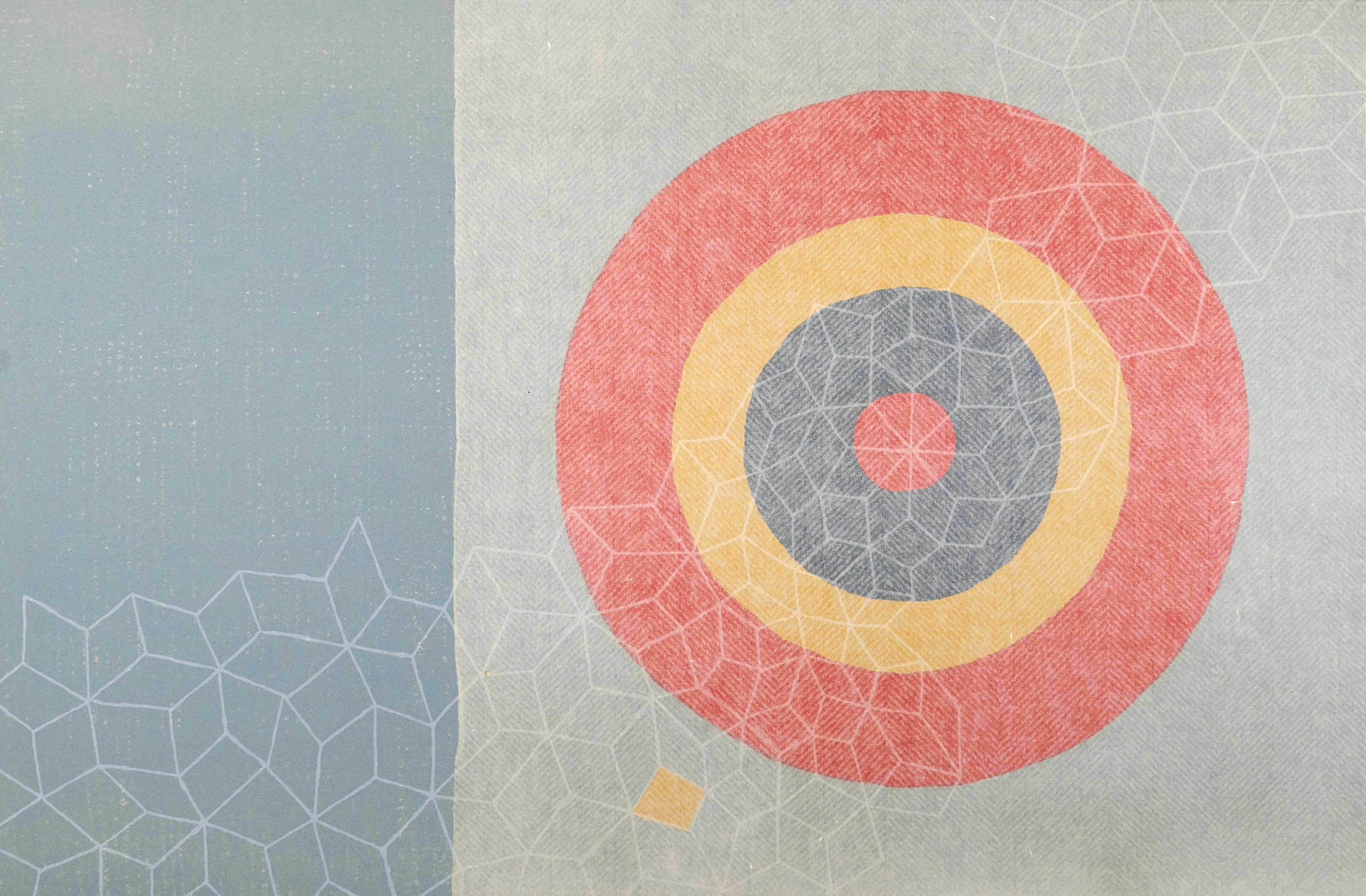 Print by Marie Watt featuring a multi-colored target on a light blue background