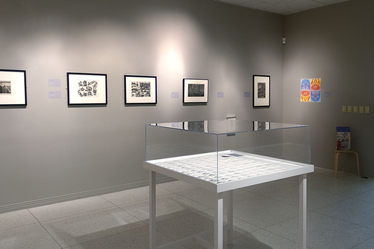 Installation view of a gallery with several artworks installed on the walls and in a display case