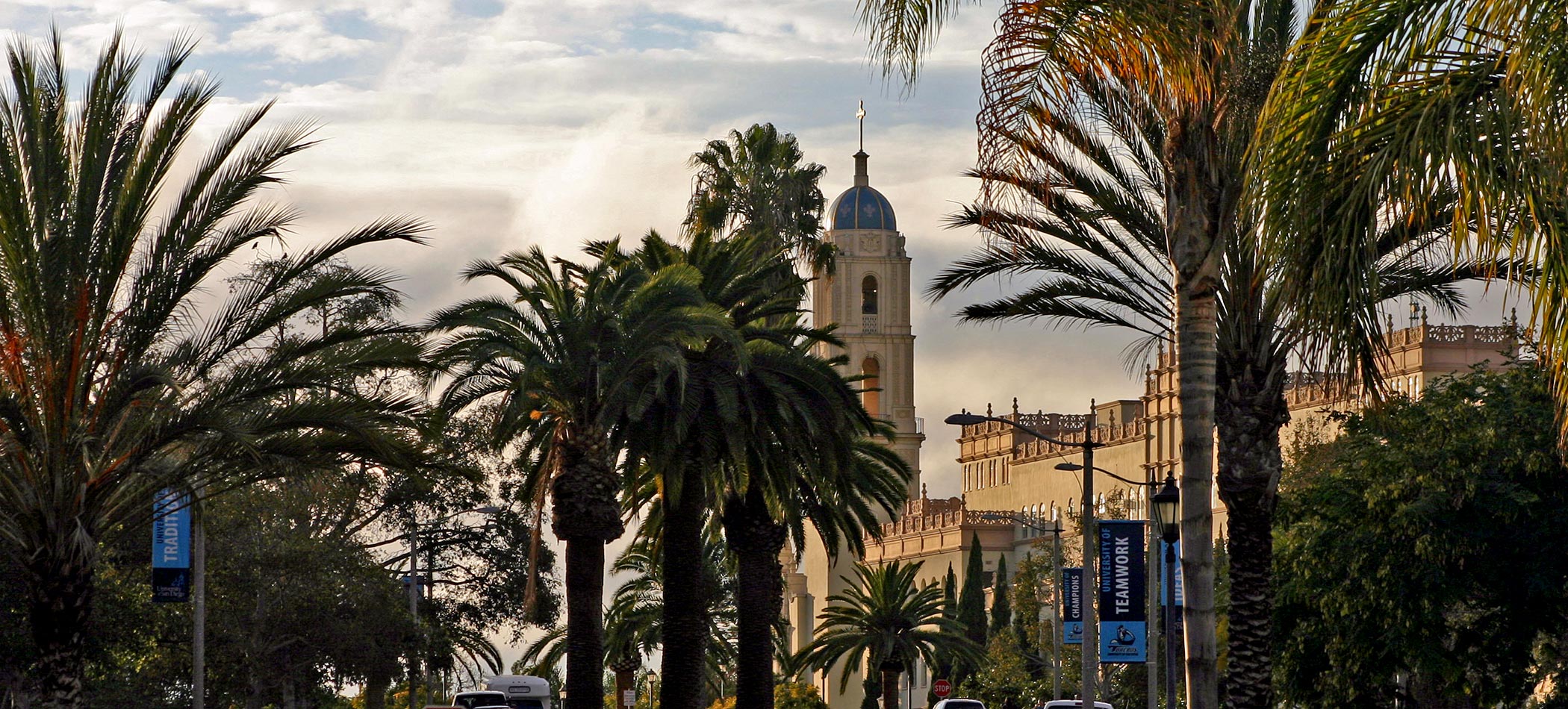 The Immaculata bell tower as seen through palm trees on campus