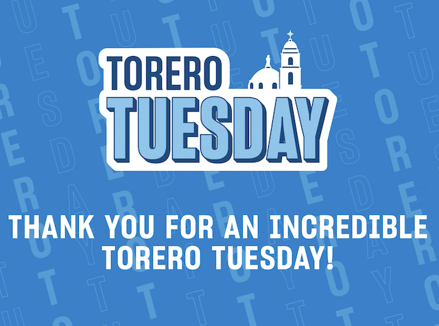 A blue background with the words 'TORERO TUESDAY' in a white and light blue layered font, with a small white illustration of a domed building above the word 'TUESDAY'. Below this, in white capital letters, it says 'THANK YOU FOR AN INCREDIBLE TORERO TUESDAY!'