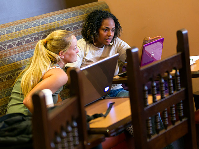 students studying while working on a computer